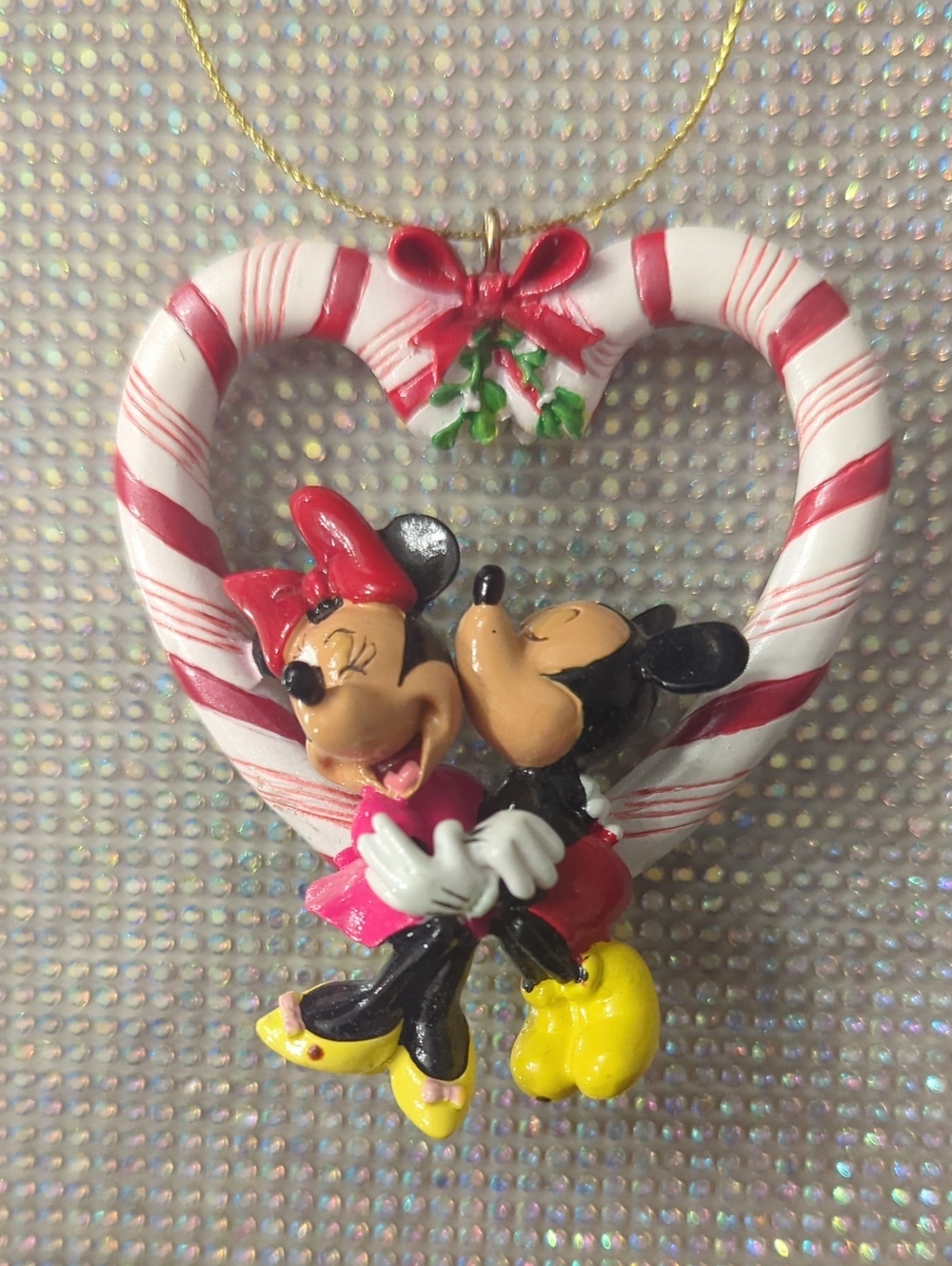 Mickey & Minnie Mouse Kissing Candy Cane Heart Christmas Tree Ornament